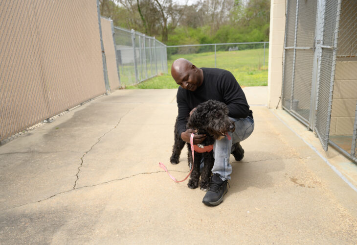animal shelter volunteer with shelter animal dog