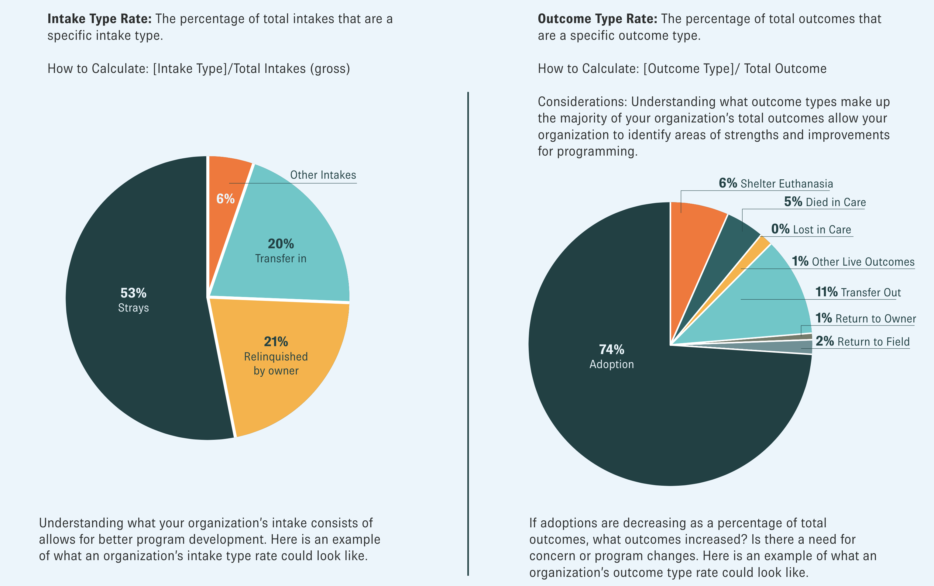 Pie charts showing intake type rates and outcome type rates.